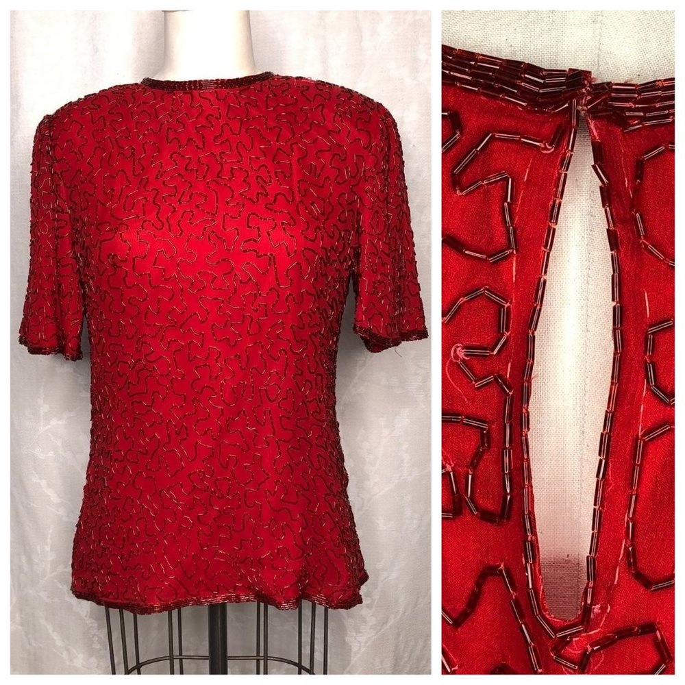 Vintage Red Beaded Blouse Silk L